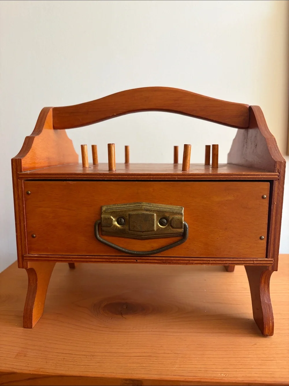 Wooden Peg Sewing Caddy Organizer in Warm Brown